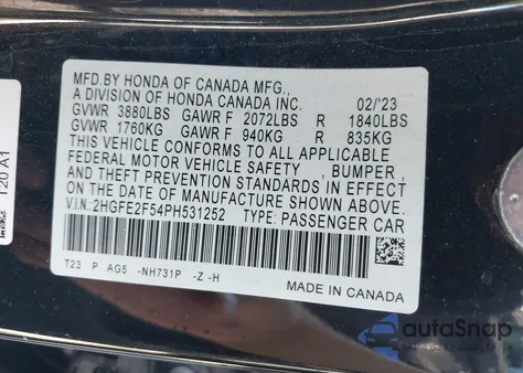 2023 Honda Civic Sport z USA, uszkodzony, nr VIN 2HGFE2F54PH531252